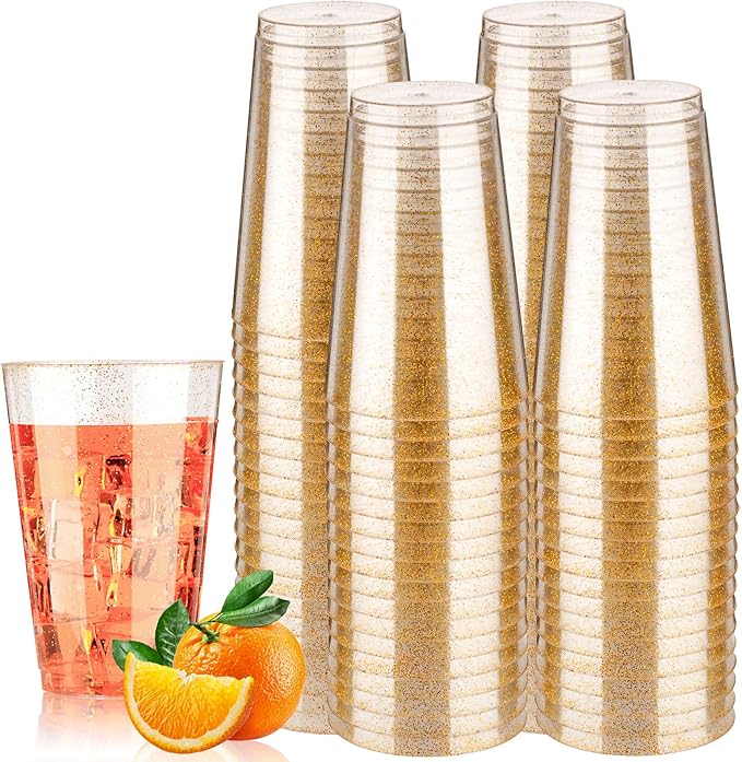 Goodluck 14 oz 100 PCS Gold Glitter Plastic Cups, Disposable Glitter Cups, Elegant Plastic Cocktail Glasses, Fancy Party Cups for Wedding, Birthday, Holiday