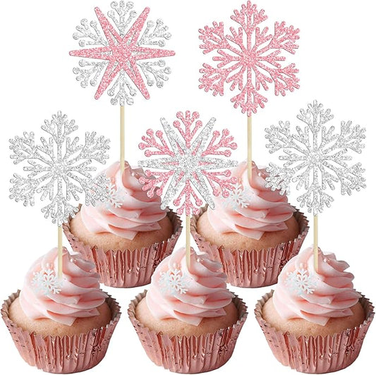 24Pcs Snowflake Cupcake Toppers Winter Frozen Winter Wonderland Cake Pick Decorations for Snowflake Theme Baby Shower Birthday Merry Christmas Party Supplies Pink