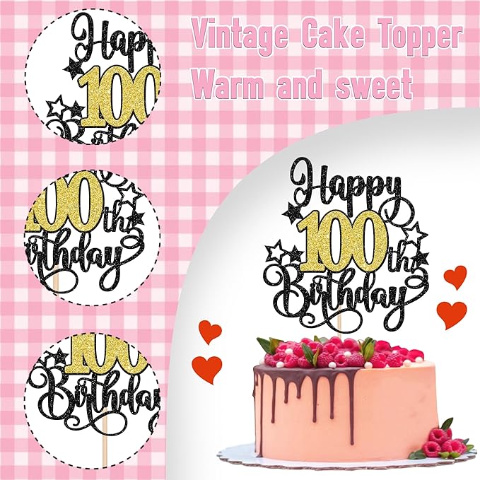 1 PCS Happy 100th Birthday Cake Topper Black Gold Glitter Cheers to 100 Years Birthday Cake Pick Hello 100 Fabulous Cake Decoration for Happy 100th Birthday Anniversary Party Decorations Supplies