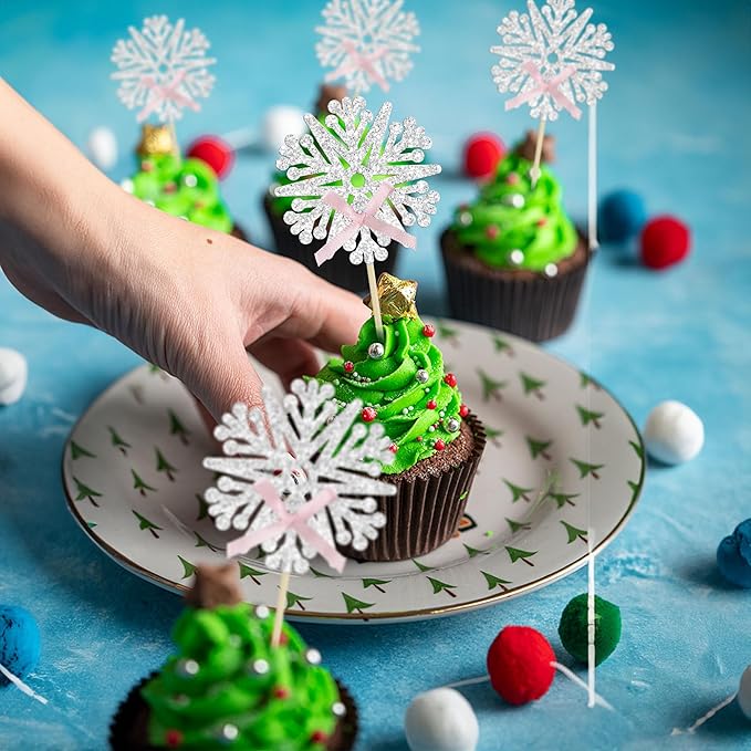 24Pcs Snowflake Cupcake Toppers Glitter Snowflake Cupcake Picks Frozen Pink Bow Snowflake Gender Reveal Cake Decors Baby Shower Gender Reveal Winter Theme Christmas Party Cake Decor Supplies
