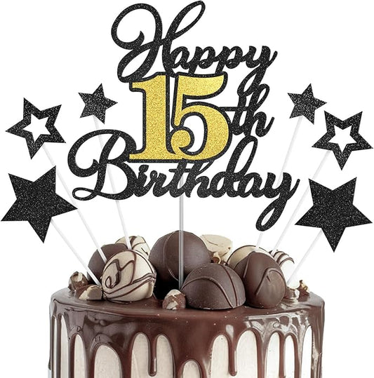 Happy 15th Birthday Cake Toppers, Black Gold Glitter Cake Decorations Set, 15th Birthday Decor for Boy Girl, Birthday Anniversary Party Decorations Supplies