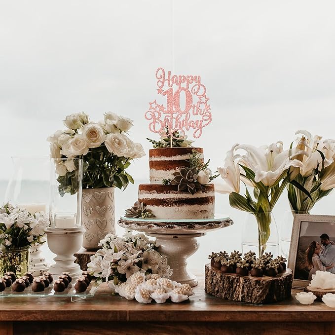 1 PCS Happy 10th Birthday Cake Topper Glitter Cheers to 10 Years Birthday Cake Pick Hello 10 Fabulous Cake Decoration for Happy 10th Birthday Anniversary Party Decorations Supplies Rose Gold