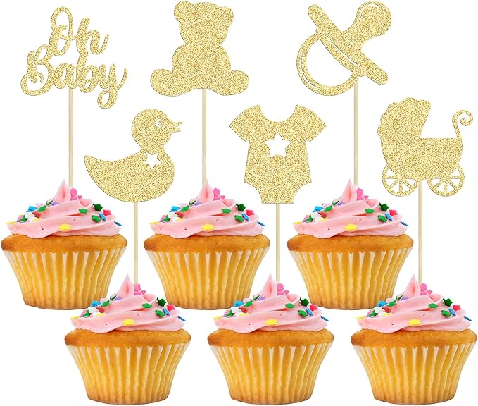 Gyufise 36Pcs Oh Baby Cupcake Toppers Glitter Bear Pacifier Baby Carriage Cupcake Picks Gender Reveal Cake Decorations for Kids Birthday Party Supplies Gold
