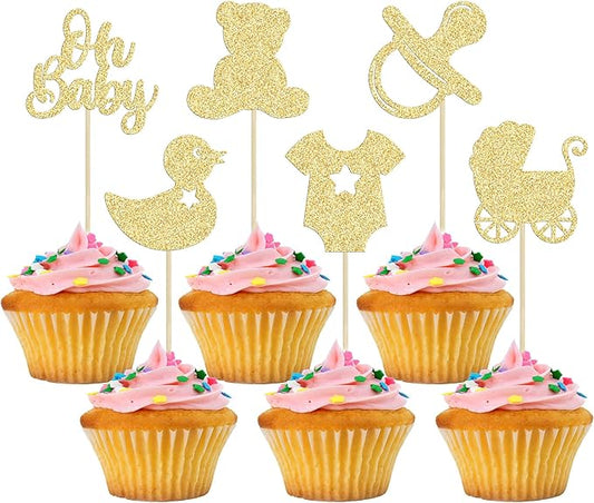 Gyufise 36Pcs Oh Baby Cupcake Toppers Glitter Bear Pacifier Baby Carriage Cupcake Picks Gender Reveal Cake Decorations for Kids Birthday Party Supplies Gold