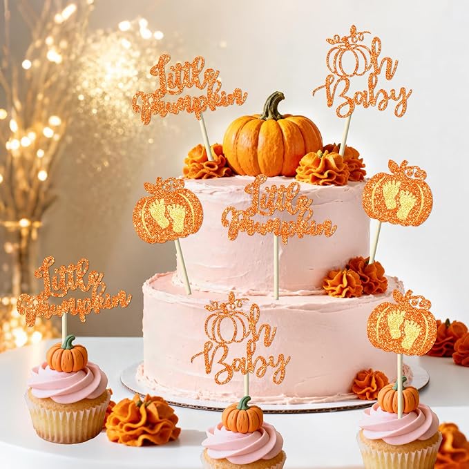 Little Pumpkin Cupcake Toppers, 24 Pcs Glitter Pumpkin Cupcake Picks Little Pumpkin Baby Shower Decorations Little Pumpkin Baby Shower Party Supplies