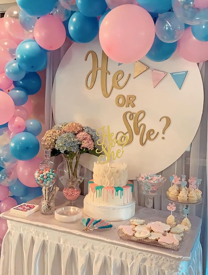 He or She Cake Topper - Glitter Gold Gender Reveal Cake Topper Decorations, Suitable for Baby Shower Favors, Baby Gender Reveal, Baby Birthday Party or Baby Photo Booth Props (Gold)