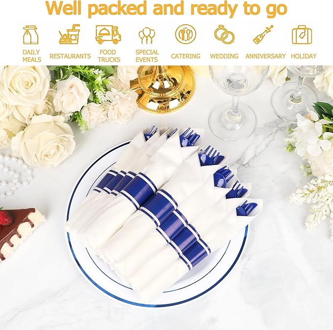 50 Pack Pre Rolled Blue Plastic Silverware Set,Wrapped Plastic Cutlery Set with Napkin Include 50 Forks,50 Spoons,50 Knives and 50 White Napkins for Party,Wedding,Christmas