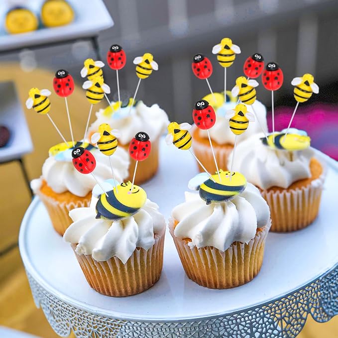24Pcs Bumble Bee Cupcake Toppers Resin Ladybug Little Figurine Bee Cupcake Picks Oh Babee Cake Decorations for Bee Theme Baby Shower Kids Boys Girls Birthday Party Decoration Supplies