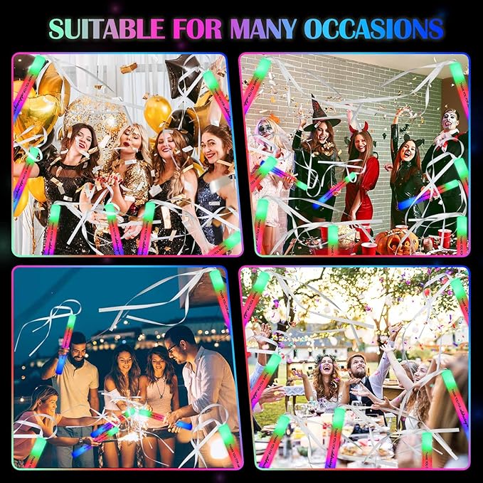 100 Pack Colorful LED Party Foam Light Sticks Batons with Triple Ribbon Christmas Holiday Celebrating Wands 3 Color Lighting Modes for Guests Send Off, Wedding, Festivals, Birthday Party