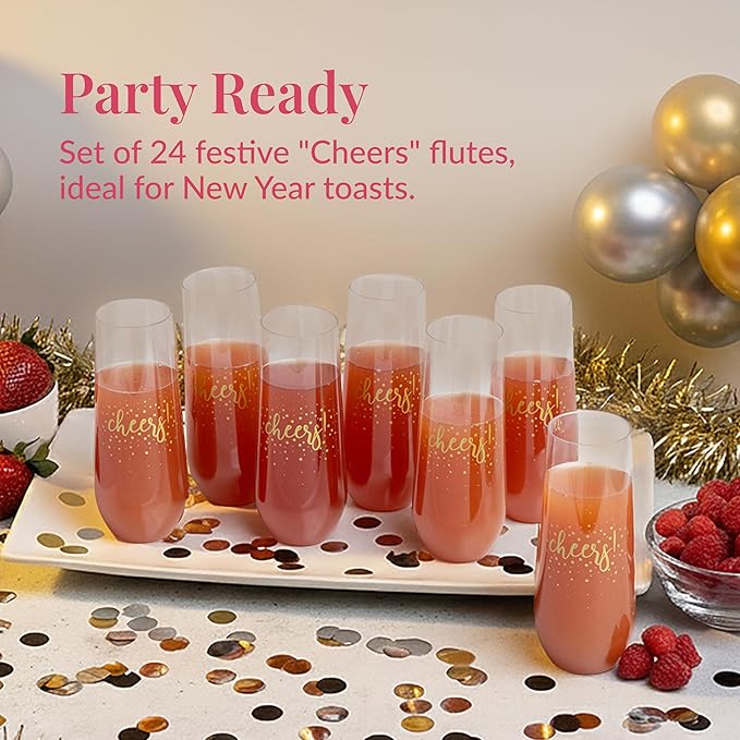 Prestee 24 Pack Stemless Plastic Champagne Flutes - 9 Oz Disposable Cheers Toast Cups for New Years Eve - Shatterproof Drinkware for Cocktails, and Mimosa Bar Supplies
