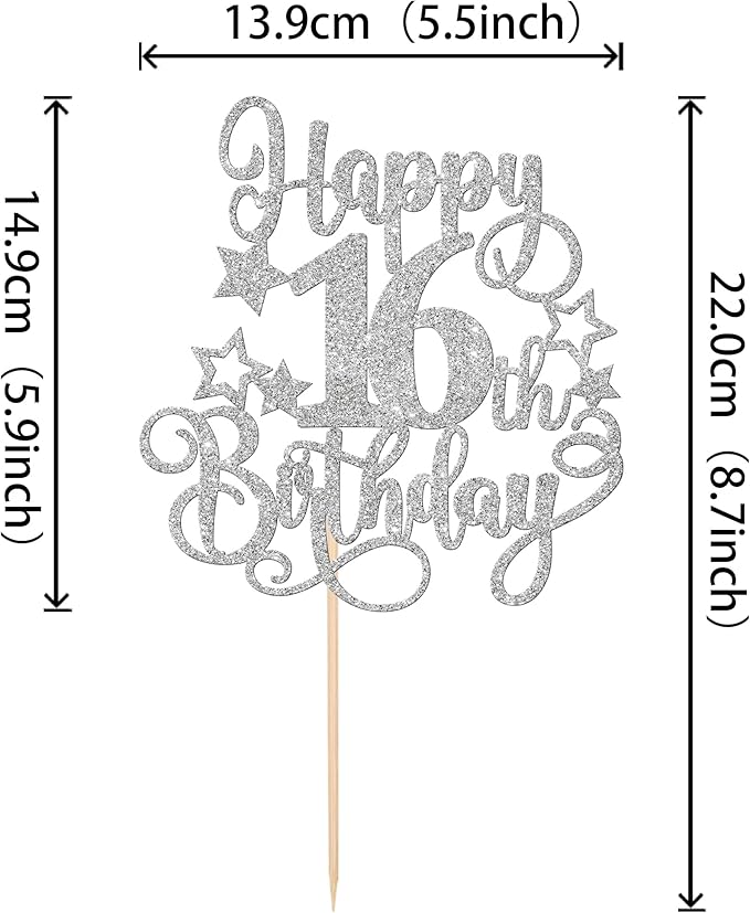 1 PCS Happy 16th Birthday Cake Topper Glitter Cheers to 16 Years Birthday Cake Pick Hello 16 Fabulous Cake Decoration for Happy 16th Birthday Anniversary Party Decorations Supplies Silver