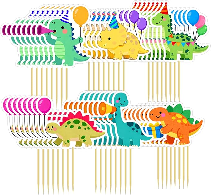 48Pcs Dinosaur Cake Toppers Set - Dinosaur Cupcake Toppers for Birthday Party Decorations, Dino Themed Baby Shower, Cake Decorations with Food-Safe Bamboo Sticks