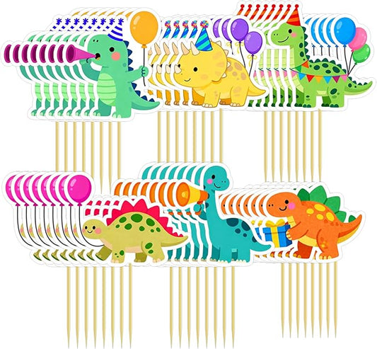 48Pcs Dinosaur Cake Toppers Set - Dinosaur Cupcake Toppers for Birthday Party Decorations, Dino Themed Baby Shower, Cake Decorations with Food-Safe Bamboo Sticks