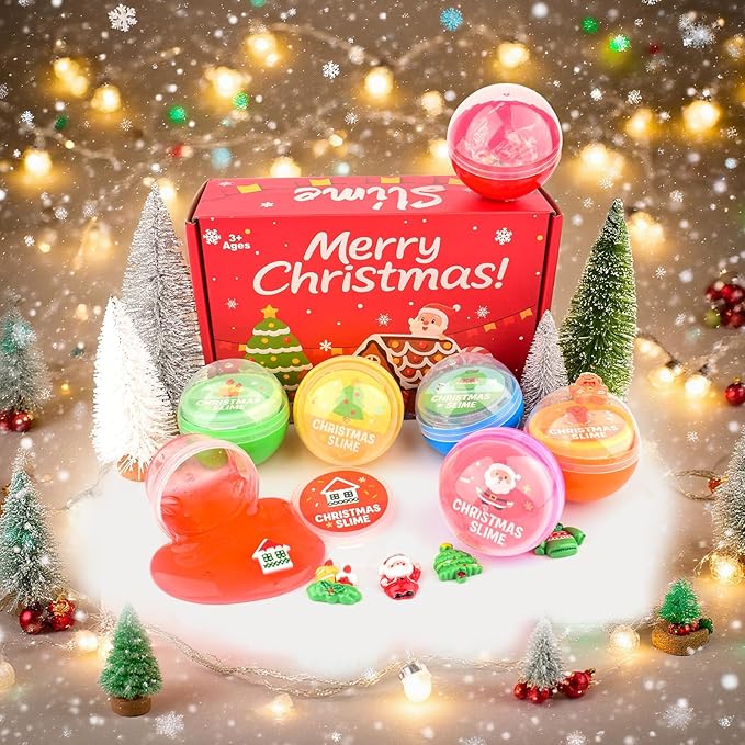 Christmas Slime Kit for Kids, 6 Pack Butter Clear Slime kit for Girls, Toys for Girls and Boys, Stocking Stuffers for Kids, Goodie Bag,Cute Stuff Party Favors, Classroom Rewards