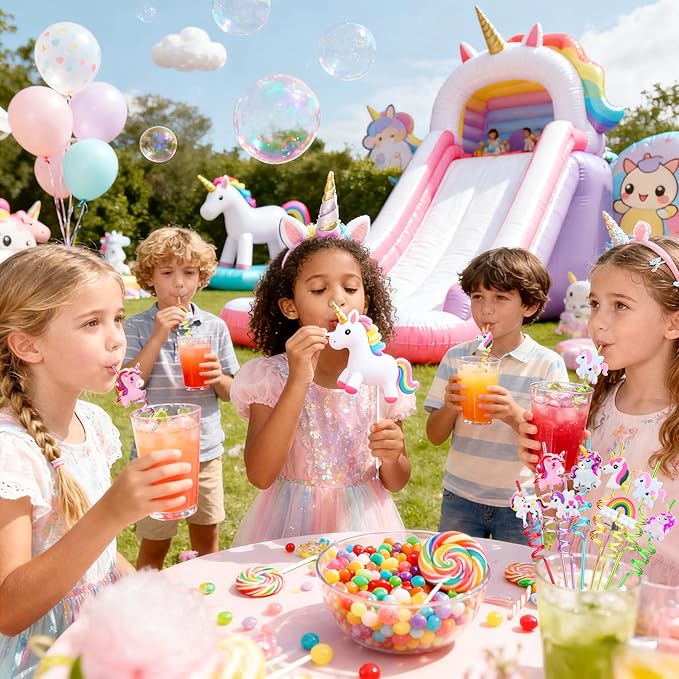 LEDUO 24Pcs Reusable Unicorn Drinking Plastic Straws-Party Supplies-Party Favors Decorations-Rainbow Unicorn Theme Birthday Party Drinking Straw for Kids Girls Boys with 2 Cleaning Brushes
