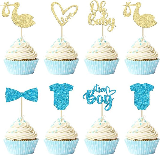 Gyufise 36 Pack Oh Baby Cupcake Toppers Assembled It's a Boy Cupcake Toppers with Tie Onesie Love Heart Glitter Cake Picks Decorations for Baby Shower Boy Birthday Party Supplies