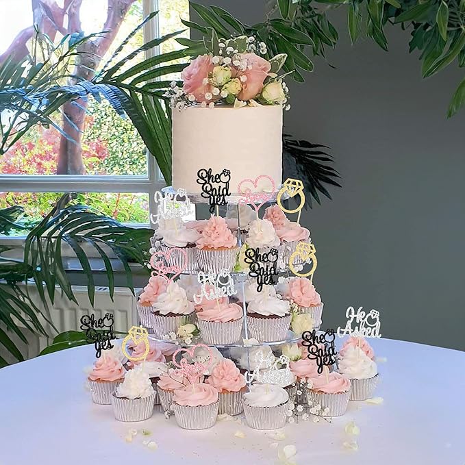 Gyufise 24 Pack Multicolor Glitter He Asked She Said Yes Cupcake Toppers Diamond Ring Heart Cake Picks for Wedding Engagement Party Table Decorations