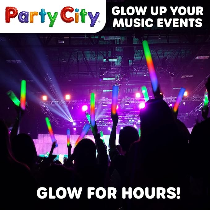 Party City 96pk LED Foam Glow Sticks 14”- Glow in the Dark Party Supplies Favors, Colorful Flashing Wand with 3 Modes, Foam Light Up Sticks Bulk Party Pack for Wedding, Birthday, Concert, Halloween