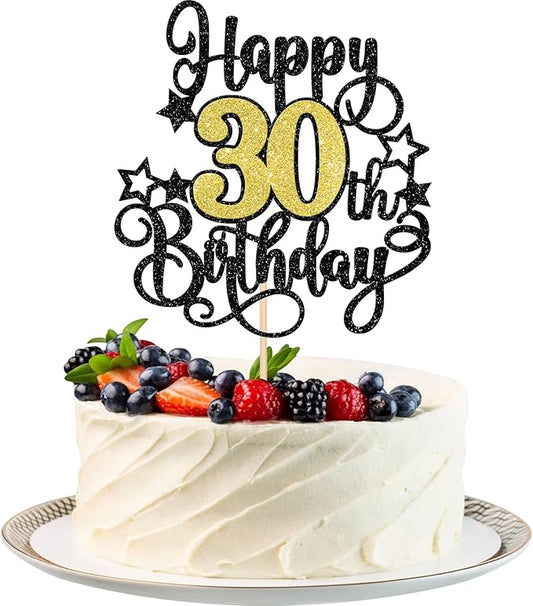1 PCS Happy 30th Birthday Cake Topper Black Gold Glitter Cheers to 30 Years Birthday Cake Pick Hello 30 Fabulous Cake Decoration for Happy 30th Birthday Anniversary Party Decorations Supplies