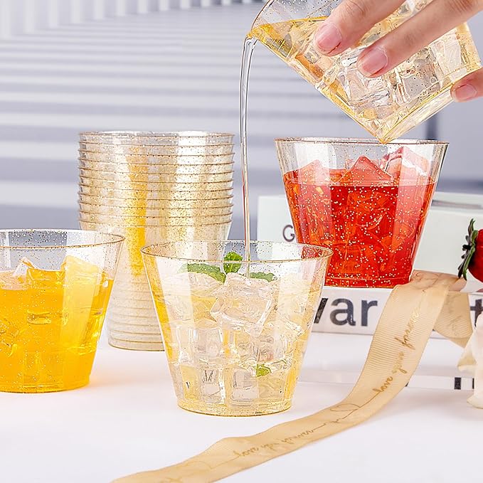 I00000 200pcs Gold Plastic Cups - 9 OZ Hard Gold Glitter Disposable Cups for Cocktail & Drinking - Premium Disposable Plastic Glasses with Gold Glitter for Fancy Wedding Cups Elegant Party Glasses