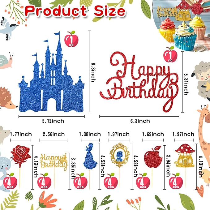 26Pcs Glitter Princess Cake Topper Set with Royal Blue Castle Happy Birthday Cake Toppers Red Rose Apple Cupcake Toppers for Princess Winter Wonderland Forest Baby Shower Party Decor