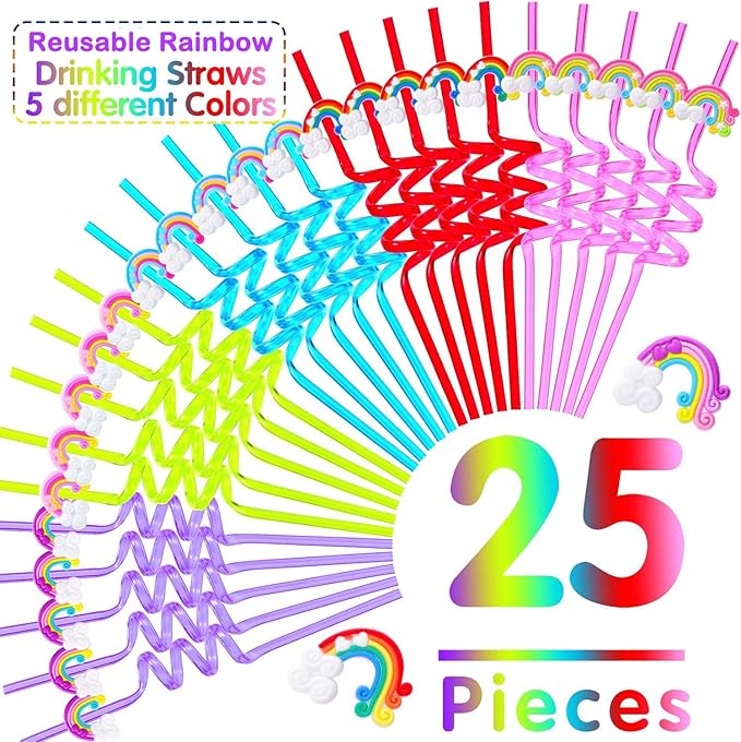 25 Reusable Colorful Rainbow Drinking Straws - Fun Rainbow Cloud Birthday Party Favors for Kids