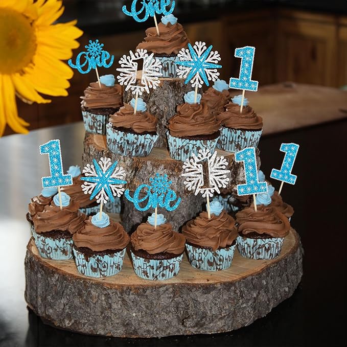 24Pcs One Snowflake Cupcake Toppers Blue Glitter Winter Snowflake 1st Birthday Cupcake Picks First Birthday Cake Decorations for Winter Wonderland Kids 1st Birthday Party Supplies