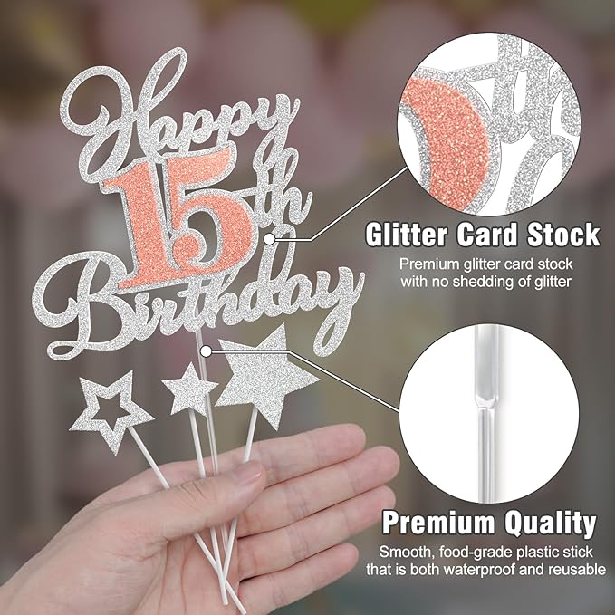 Happy 15th Birthday Cake Toppers, Rose Gold Silver Glitter Cake Decorations Set, 15th Birthday Decor, Birthday Anniversary Party Decorations Supplies