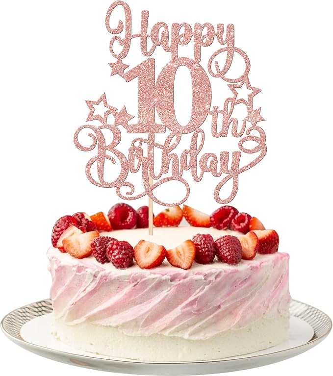 1 PCS Happy 10th Birthday Cake Topper Glitter Cheers to 10 Years Birthday Cake Pick Hello 10 Fabulous Cake Decoration for Happy 10th Birthday Anniversary Party Decorations Supplies Rose Gold