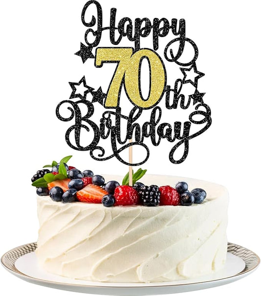 1 PCS Happy 70th Birthday Cake Topper Black Gold Glitter Cheers to 70 Years Birthday Cake Pick Hello 70 Fabulous Cake Decoration for Happy 70th Birthday Anniversary Party Decorations Supplies