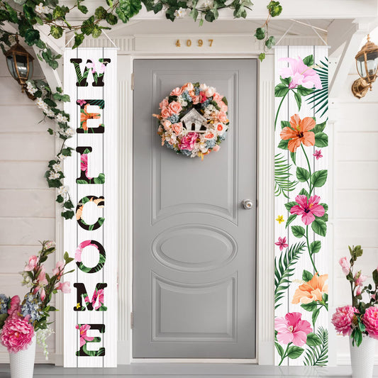 Spring Floral Welcome Porch Banner Set 2 Pieces 72 x 12 Inch Outdoor Hanging Decoration