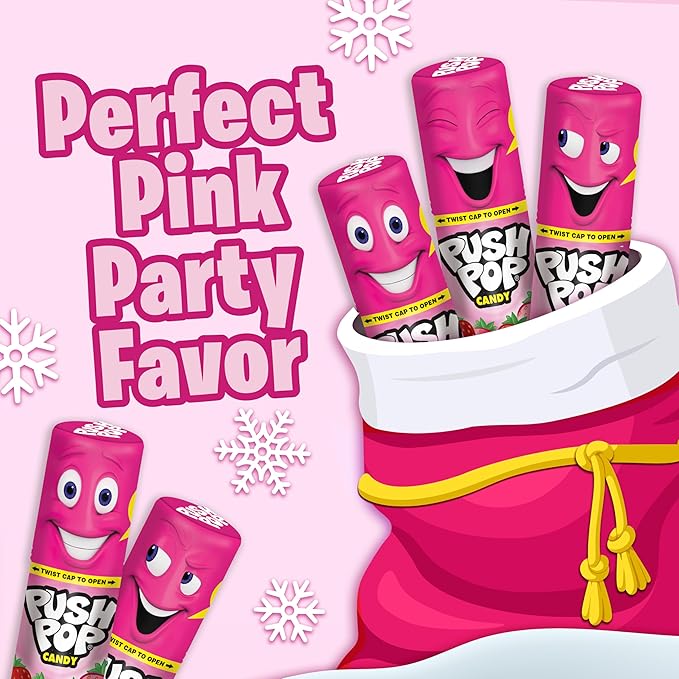 Push Pop Pink Candy Lollipops, 10 Ct Individually Wrapped Christmas Candy in Pink Strawberry Flavor, Full Size, Fun Lollipops For Stocking Stuffers, Party Favors, Birthday Parties, Goodie Bags