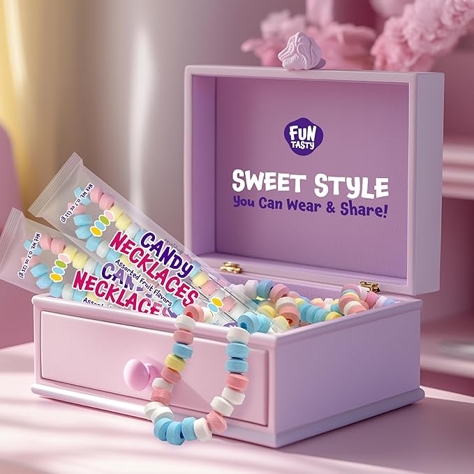 Funtasty Candy Necklaces - 21 Ounce Bag (28 Count) - Party Favors - Fruit Flavors - Individually Wrapped Candies Bulk - Candy Jewelry for Goody Bags