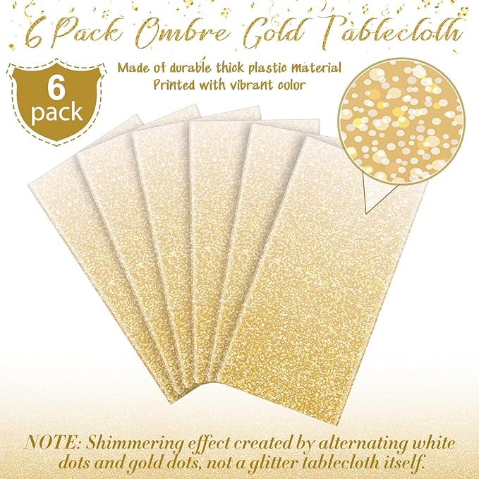 6 Pack Ombre Gold Plastic Tablecloth for Parties, Gradient Yellow Gold Disposable Tablecloths for Rectangle Tables, Light Gold Sprinkle Table Cover for Wedding Birthday Anniversary Party, 54 x 108Inch