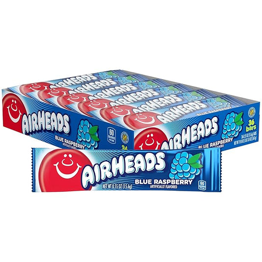 Airheads Full-Size Candy Bars, Taffy Candy Bulk Pack, Individually Wrapped, Blue Raspberry Fruit Flavor Artificially Flavored, 36 Count Box