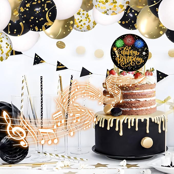 Birthday Cake Toppers，with Light and Music, Blowable，Birthday candles，Fabulous Cake Decoration for girl or Women– Plays Hit Song 'HAPPY Birthday' (Black Gold)