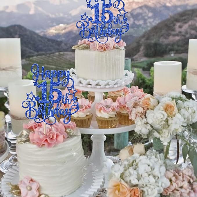 1 PCS Happy 15th Birthday Cake Topper Glitter Cheers to 15 Years Birthday Cake Pick Hello 15 Fabulous Cake Decoration for Happy 15th Birthday Anniversary Party Decorations Supplies Blue