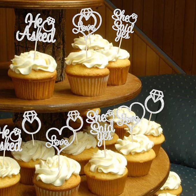 Gyufise 24 Pack Silver Glitter He Asked She Said Yes Cupcake Toppers Diamond Ring Heart Cake Picks for Wedding Engagement Party Cake Decorations