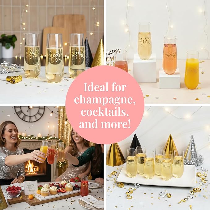 Prestee 24 Pack Stemless Plastic Champagne Flutes - 9 Oz Disposable Cheers Toast Cups for New Years Eve - Shatterproof Drinkware for Cocktails, and Mimosa Bar Supplies