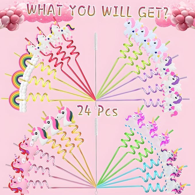 LEDUO 24Pcs Reusable Unicorn Drinking Plastic Straws-Party Supplies-Party Favors Decorations-Rainbow Unicorn Theme Birthday Party Drinking Straw for Kids Girls Boys with 2 Cleaning Brushes