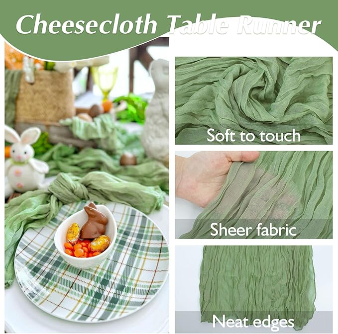 1 Pack Cheesecloth Table Runner Rustic Sheer Boho Gauze 35 x 120 Inch Centerpiece Cheese Cloth for Bridal Baby Shower Summer Spring Decorations Sage Green