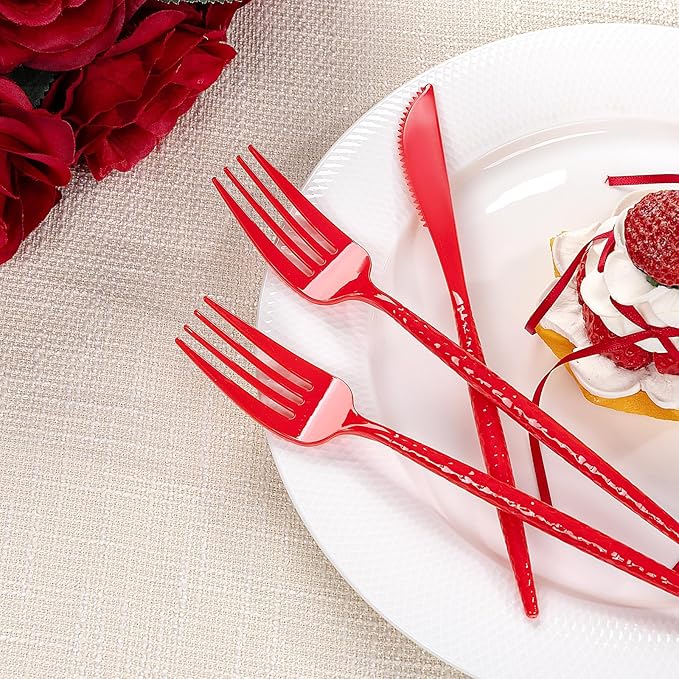 LIYH 150 Pcs Red Plastic Cutlery Sets - Red Christmas Plastic Christmas Silverware Heavyduty, Disposable Utensil Sets, 50 of Each Forks, Knives & Spoons Flatware Set for Party Birthday Xmas Day