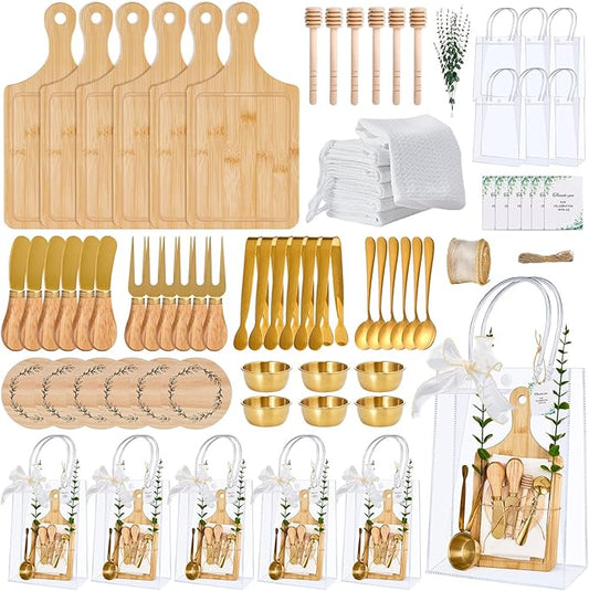 80Pcs Baby Shower Prizes for Game Winners 6 Sets Cheese Board Honey Dipper Stainless Steel Charcuterie Utensils Set Towel Thank You Card and Gift Bags for Baby Shower Wedding Bridal Shower Favors