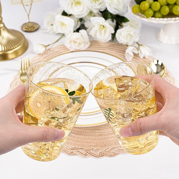 BESTVIP 12oz Gold Glitter Disposable Cups, 100 Pack Gold Plastic Cups, Heavy-duty Party Cocktail Glasses for Christmas, Plastic Cups for Party, Holiday, Wedding and Birthday