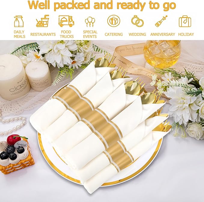 50 Pack Pre Rolled Gold Plastic Silverware Set,Wrapped Plastic Cutlery Set with Napkin Include 50 Forks,50 Spoons,50 Knives and 50 White Napkins for Party,Wedding,Christmas