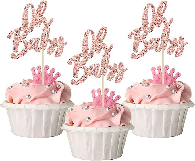 24Pcs Oh Baby Cupcake Toppers Glitter Baby Shower Cupcake Picks for Gender Reveal Baby Shower Kids Boys Girls Birthday Party Cake Decorations Supplies Rose Gold