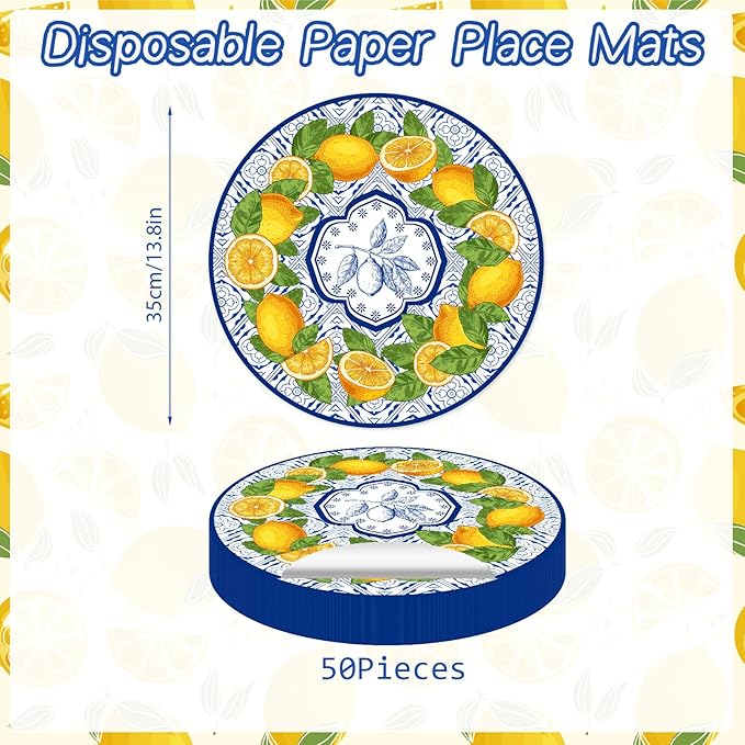 50 Pack Lemon Paper Placemats Disposable 50 Pack 13.7 Inch Cyan Blue Tiles Lemon Fruit Round Place Mats Summer Table Mats for Kitchen Dining Party Decoration