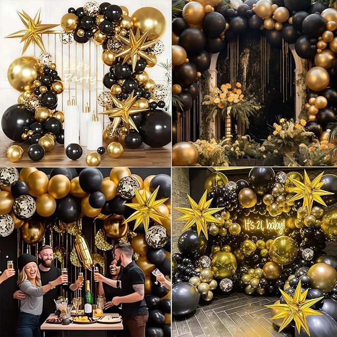 Balloon Column Kit for Floor- Balloon Stand kit set of 2, with Black&Gold Metallic Chrome balloon, Base&Pole,Tower Backdrop Decoration for Wedding, Baby Shower, Birthday Party, or Bachelorette