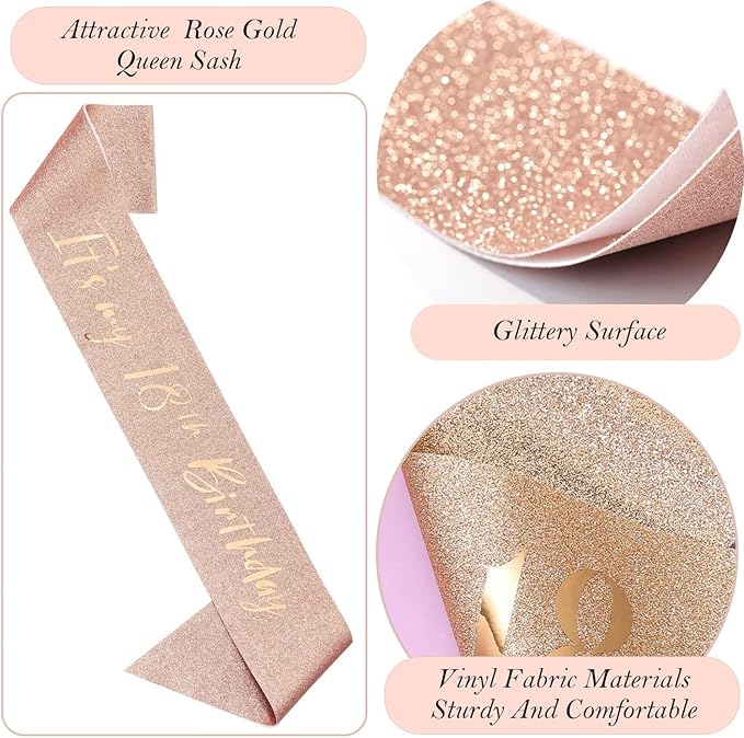 18th birthday decorations for girls, Including 18th Happy Birthday Gifts Queen Sash with Pearl Pin, Sweet Rhinestone Tiara Crown, Cake Toppers, Number Candles and Balloons Set, Rose Gold