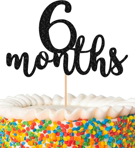 6 Months Cake Topper - Golden Glitter 1/2 Birthday Cake Decorations, Perfect for Baby Shower/Gender Reveal Party/Baby Party Photo Booth Props (Black)